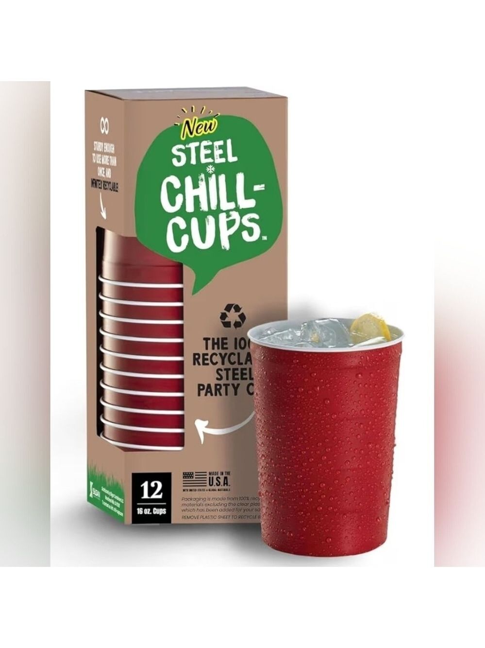 Red Steel Chill Cups Eco Friendly Party Cups Recyclable Made in USA